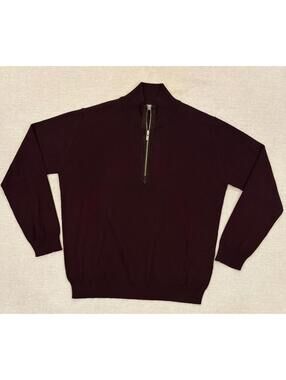 Ermenegildo Zegna 1/4 Zip Wool Sweater - Burgundy - XL - Leather Trim - Italy
